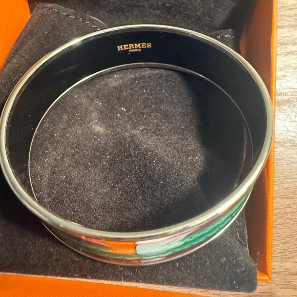 Hermès Printed Enamel Wide Bangle Bracelet | Blue Green Rope Design | Palladium - Picture 5 of 5